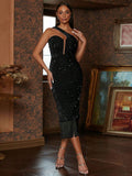 Asymmetric Fringe Black Sequin Slim Party Dress