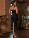 Asymmetric Fringe Black Sequin Slim Party Dress