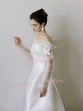 Off The Shoulder Satin Long Sleeve Flowers Wedding Dress