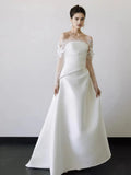 Off The Shoulder Satin Long Sleeve Flowers Wedding Dress