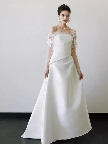 Off The Shoulder Satin Long Sleeve Flowers Wedding Dress