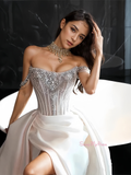 Beading A Line Satin Off The Shoulder Wedding Dress With Slit