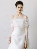 Off The Shoulder Satin Long Sleeve Flowers Wedding Dress