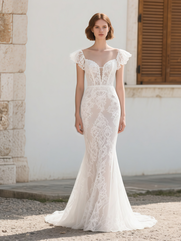 Cap Sleeves Sheer Trumpet Mermaid Lace Wedding Dress US14 / Ivory Cap Sleeves Sheer Trumpet Mermaid Lace Wedding Dress US14 / Ivory