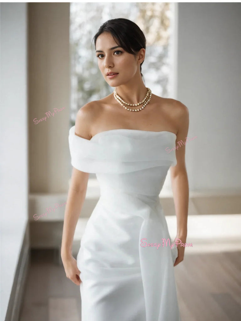 Chic Sheath Off The Shoulder Long Satin Wedding Dresses main image 0