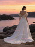 Flower A Line Sweep Train Off The Shoulder Wedding Dress