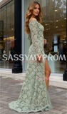 Long Sleeves Crystal Sheath Column Green Prom Dress With Slit