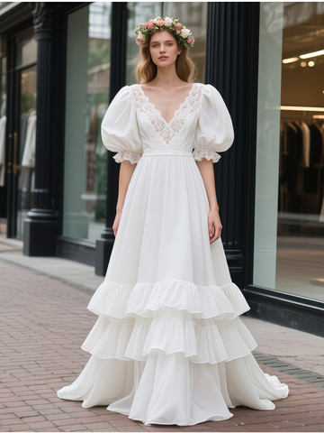 Cotton Ruffles Lace A Line White V Neck Wedding Dress