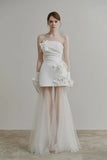 Sheath Column Satin Tulle Flower Strapless Wedding Dress