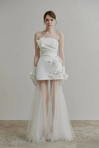 Sheath Column Satin Tulle Flower Strapless Wedding Dress