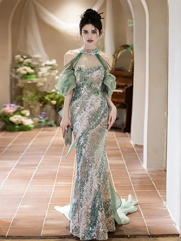 Trumpet Mermaid Beading Green Halter Sequin Prom Dress Sassymyprom Trumpet Mermaid Beading Green Halter Sequin Prom Dress Sassymyprom