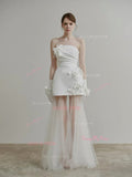 Sheath Column Satin Tulle Flower Strapless Wedding Dress