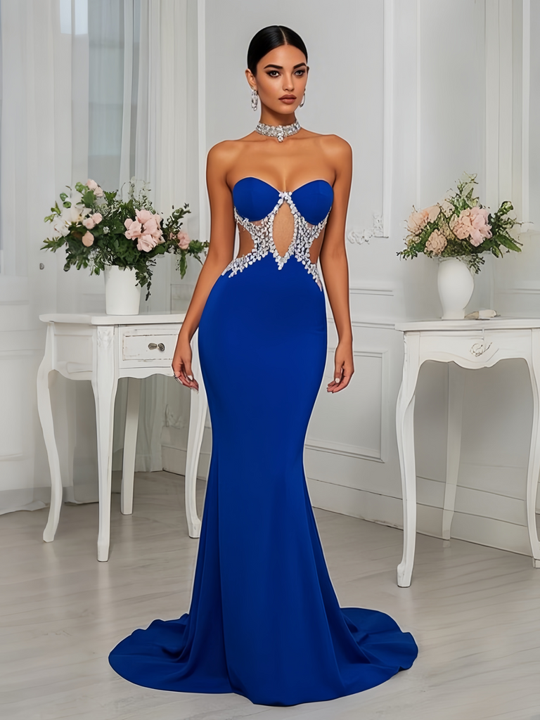 Trumpet Mermaid Flower Royal Blue Beading V Neck Prom Dress