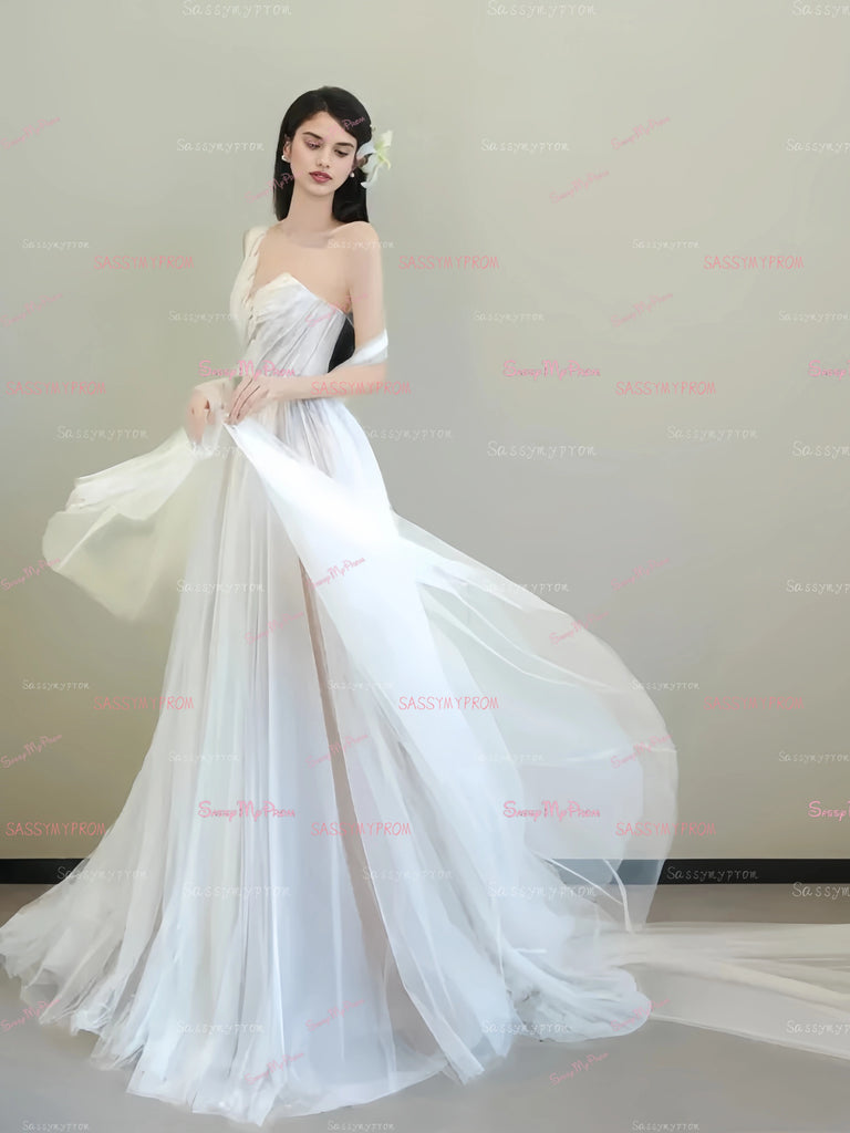 layered tulle one shoulder a line wedding dress One Shoulder A Line Ruched Tulle Wedding Dress