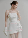 Sheath Column Satin Tulle Flower Strapless Wedding Dress