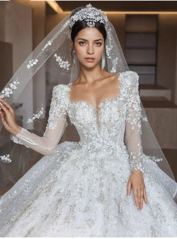 A Line Long Sleeve Beading Sparkle Wedding Dress