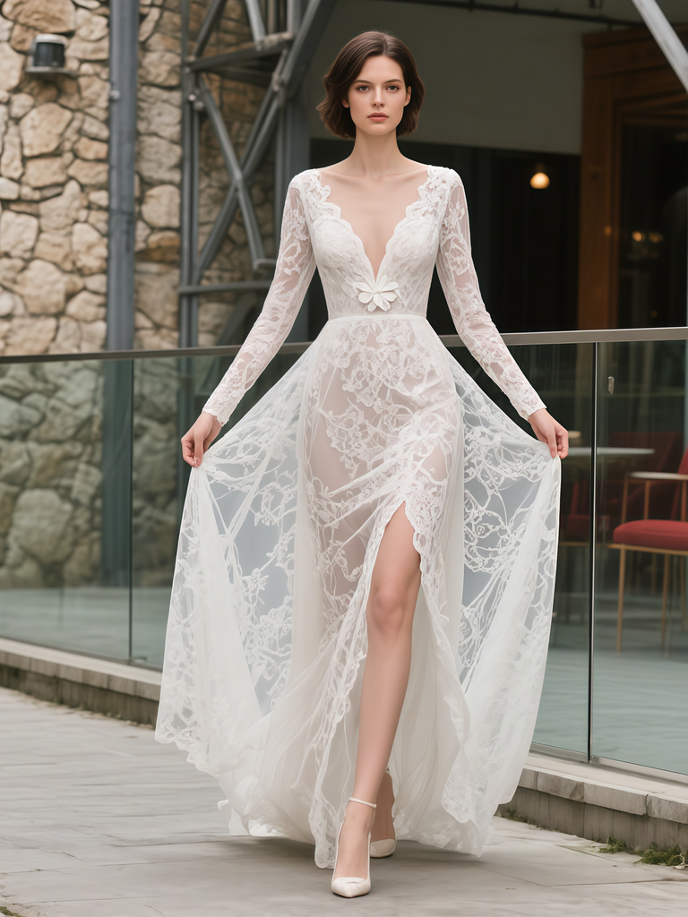 Lace V Neck A Line Long Sleeve Wedding Dress With Slit US8 / As the picture Lace V Neck A Line Long Sleeve Wedding Dress With Slit US8 / As the picture