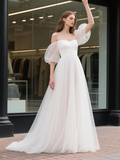 Strapless A Line Tulle Puffy Sleeve Wedding Dress
