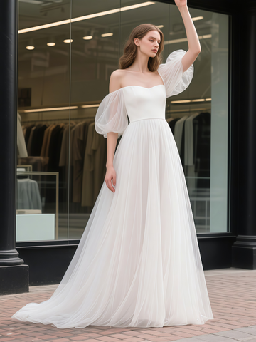 Strapless A Line Tulle Puffy Sleeve Wedding Dress