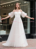 Strapless A Line Tulle Puffy Sleeve Wedding Dress