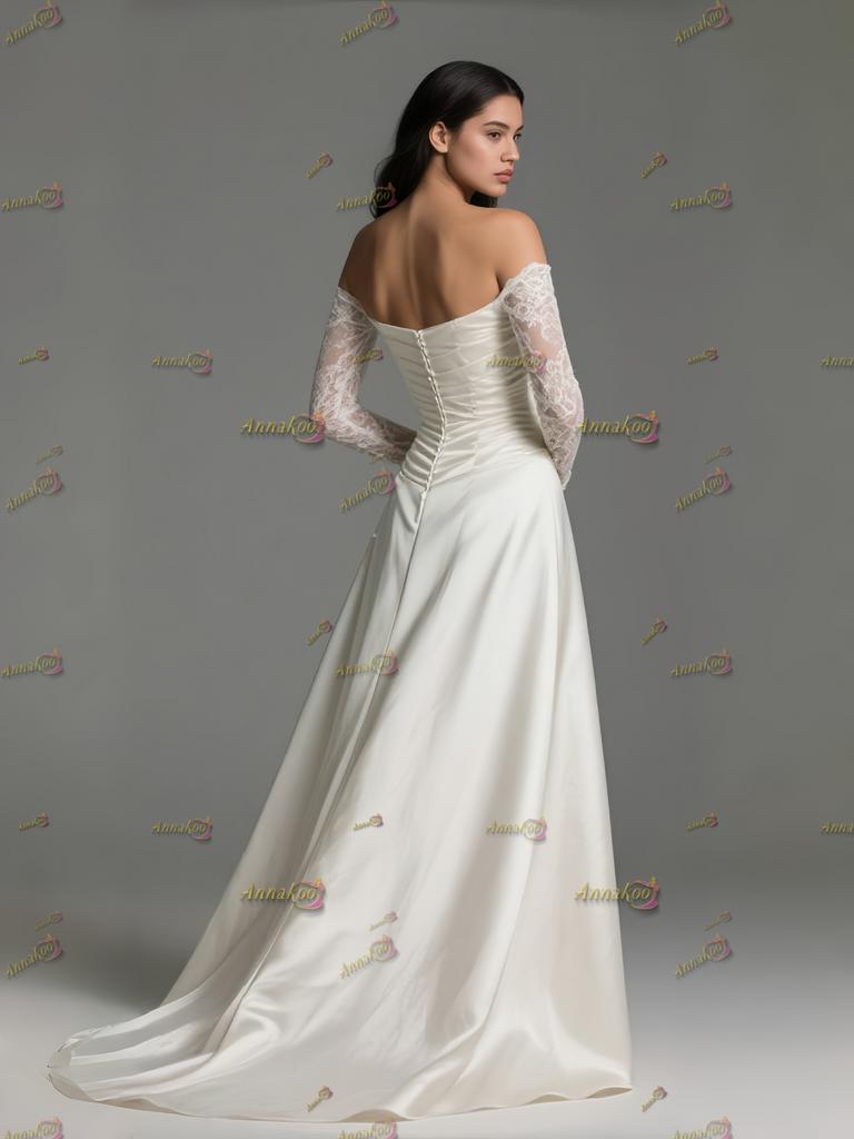 Off-The-Shoulder A-Line Satin Lace-Up Minimal Prom Dress Taupe main image 1