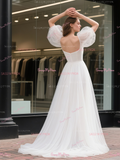Strapless A Line Tulle Puffy Sleeve Wedding Dress
