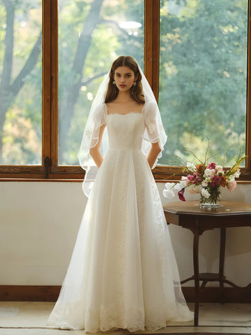 Sweetheart Lace Short Sleeve A Line Wedding Dress
