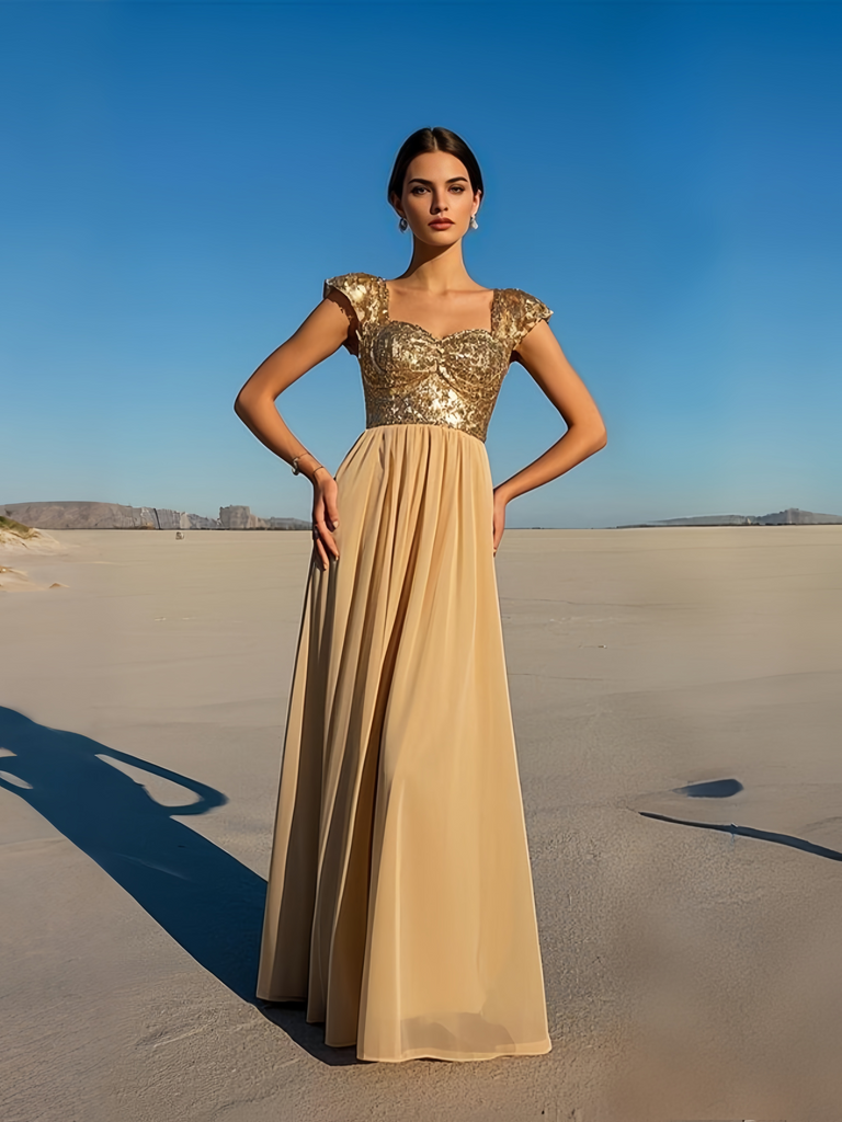 V Neck Cap Sleeve Gold Sequin Chiffon Prom Dress V Neck Cap Sleeve Gold Sequin Chiffon Prom Dress