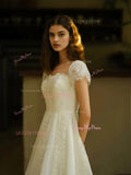 Sweetheart Lace Short Sleeve A Line Wedding Dress