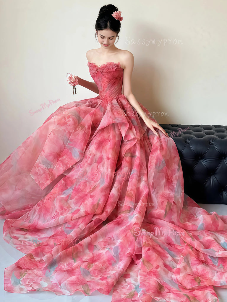 Print Pink Ruffles Layers Chiffon Prom Dress – Sassymyprom