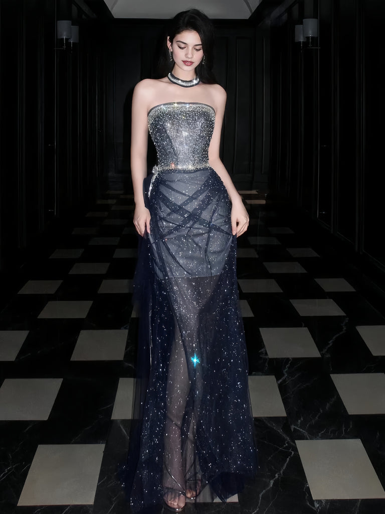 Sparkle Sheath Column Navy Tulle Prom Dress – Sassymyprom