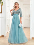 Burgundy Chiffon Half Sleeve Waist Sequin Long Dres