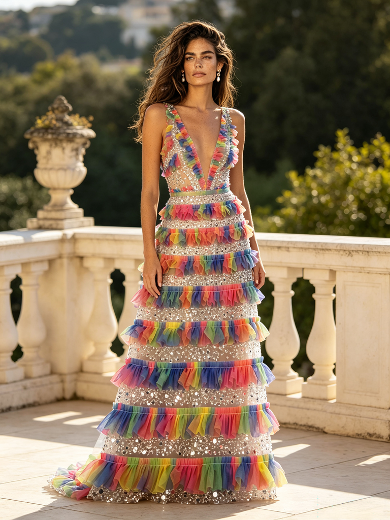 V Neck Rainbow Sequin A Line Backless Tulle Prom Dress US2