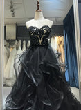 Black Sweetheart Ruffles Appliques Prom Dress