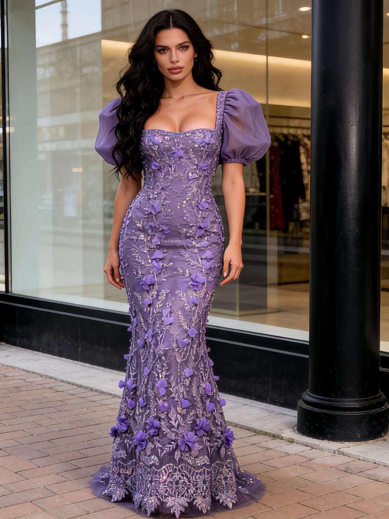 Square Trumpet Mermaid Lace Purple Puffy Sleeve Prom Dress US10