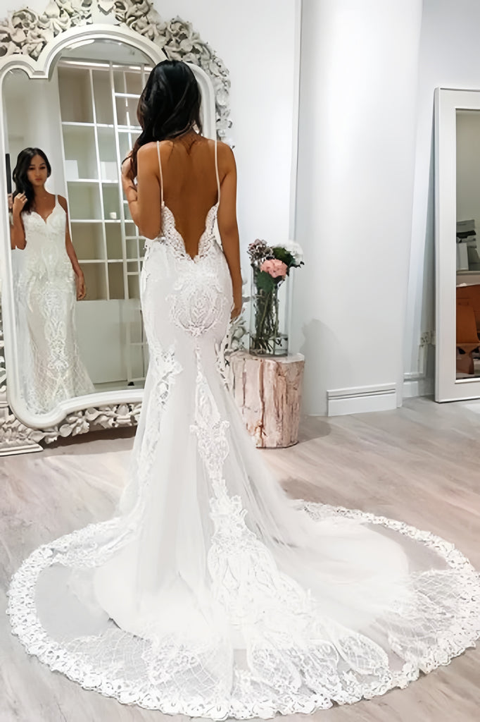 mermaid spaghetti strap wedding dress Spaghetti Straps Satin Side Slit Mermaid Wedding Dress QW2202 US8 / Ivory