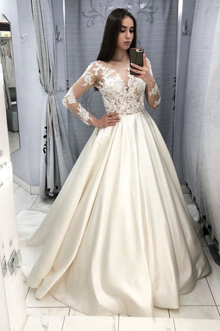 Long Sleeves Appliques V Neck Satin Wedding Dress