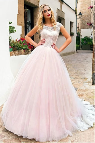 Lace Pink Scoop Tulle Cap Sleeves Wedding Dress