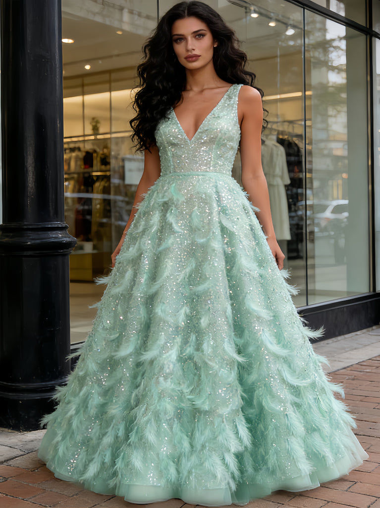 green feather prom dress Sparkly Dark Green Sequin Feather Long Prom Dress