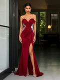 Sheath Column Satin Burgundy Beading Prom Dress With Slit