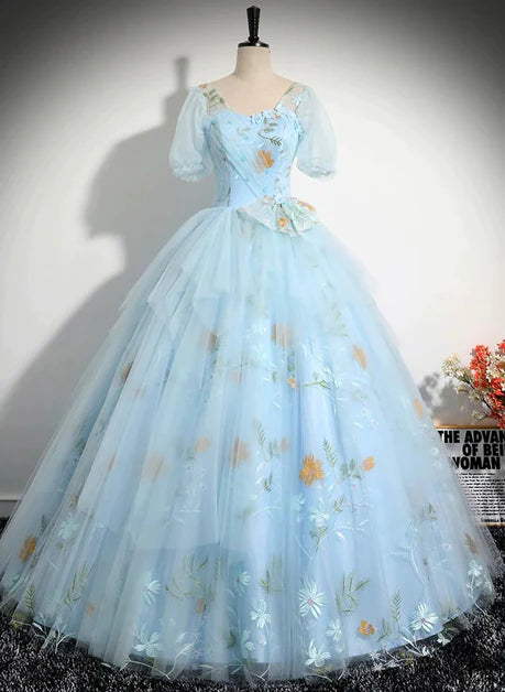 Blue Tulle Floor Length Prom Dress, Beautiful Short Sleeve Evening Party Dress US 16 / Blue Blue Tulle Floor Length Prom Dress, Beautiful Short Sleeve Evening Party Dress US 16 / Blue