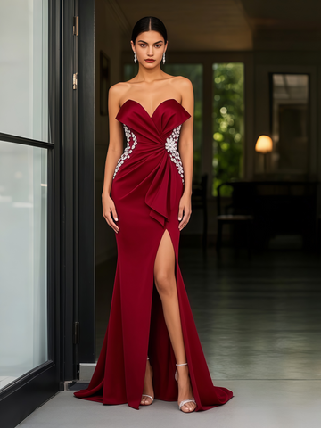 Sheath Column Satin Burgundy Beading Prom Dress With Slit