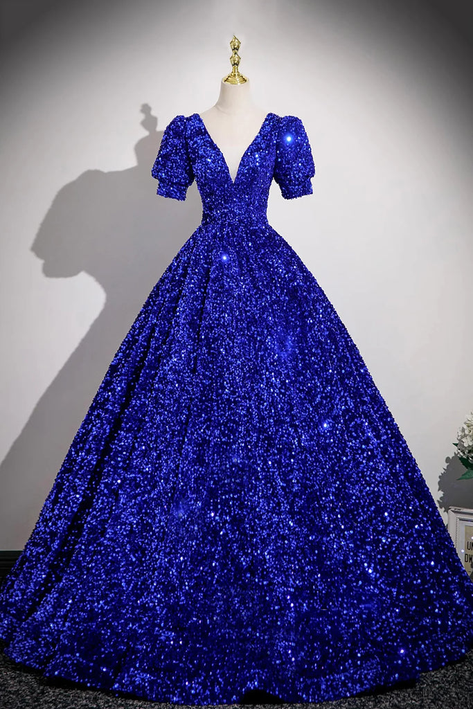 Blue V-Neck Sequins Long Prom Dress, Blue Short Sleeve Party Dress US 8 / Blue Blue V-Neck Sequins Long Prom Dress, Blue Short Sleeve Party Dress US 8 / Blue