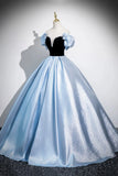 Off The Shoulder Satin Bow Blue A Line Prom Dress