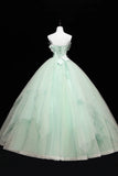 Tull Applique Ball Gown Green Strapless Prom Dress