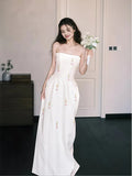 Print White Sheath Column Strapless Saitn Wedding Dress