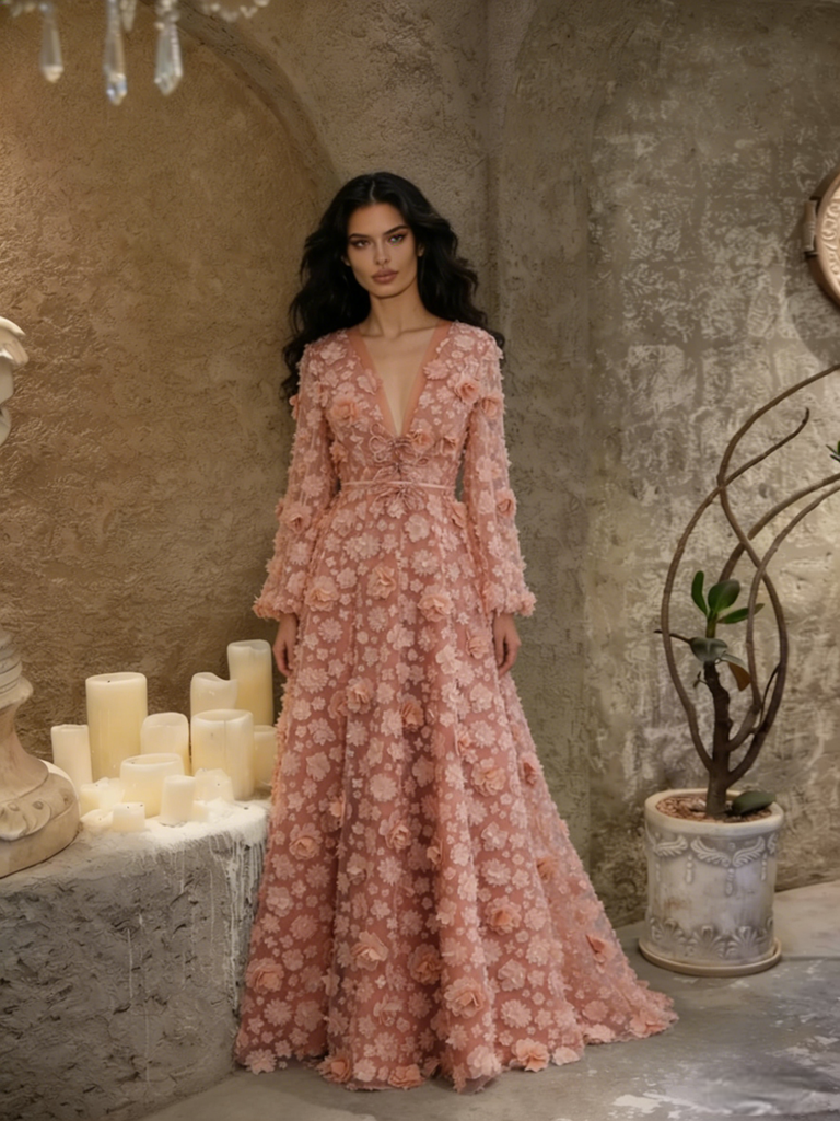 coral lace long sleeve dress Coral Gown with Embellished Long Sleeves 0 / Tall