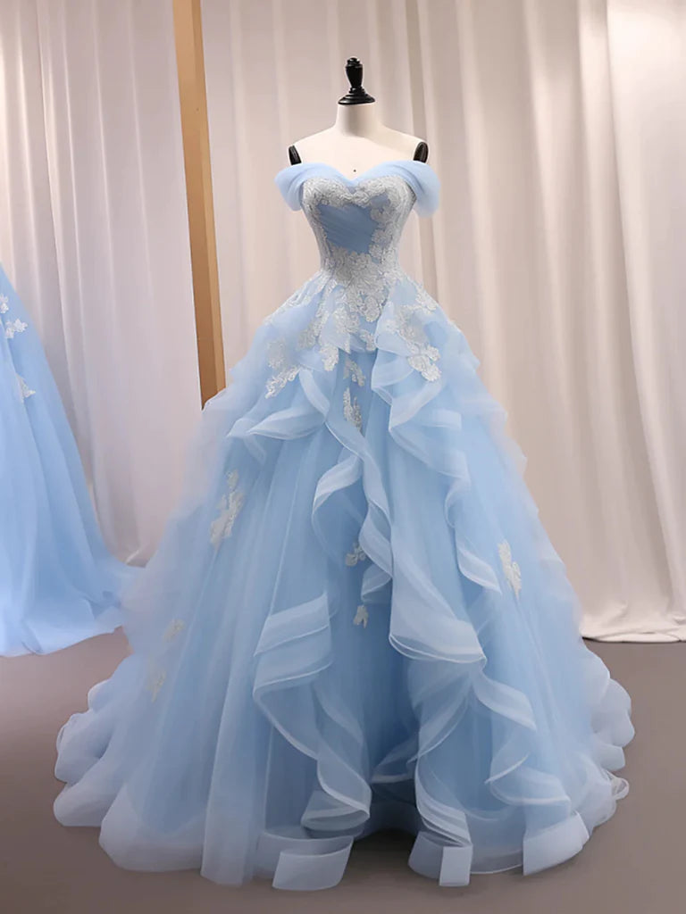 2024 Sky Blue Tulle Ruffles Appliques A Line Prom Dress Sassymyprom 2024 Sky Blue Tulle Ruffles Appliques A Line Prom Dress Sassymyprom