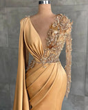 Long Sleeve V Neck Trumpet Mermaid Satin Gold Prom Dress