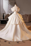 Off The Shoulder Satin Flower A Line White Wedding Dress